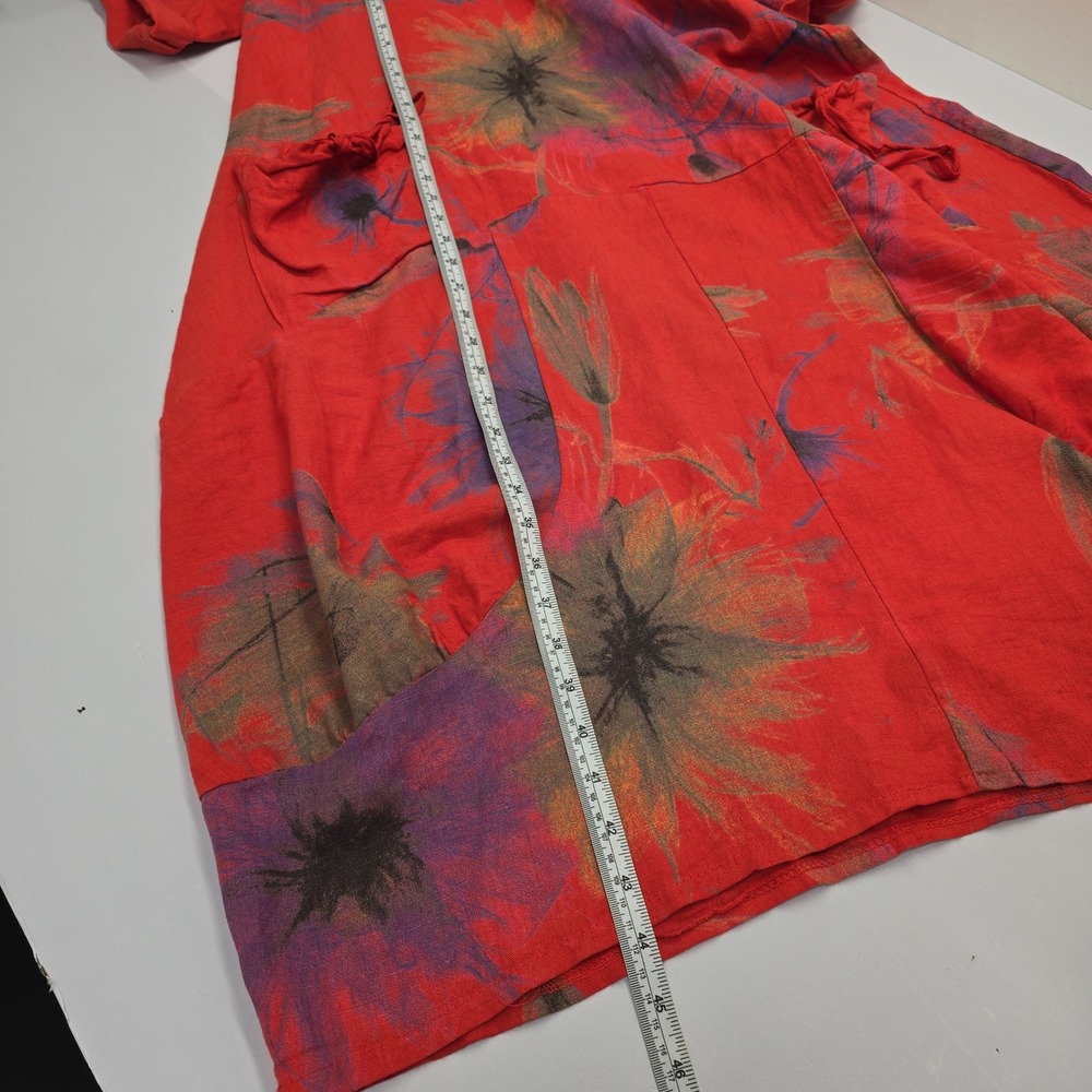 Cristina Vergani Italy Red Floral Linen Cotton Lagenlook Pocket Dress Small - Picture 5 of 7